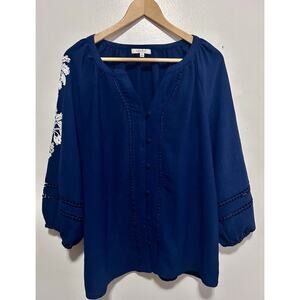 Angels Forever Young Women's Top Navy/ White V Neck Button Front Size Large Boho